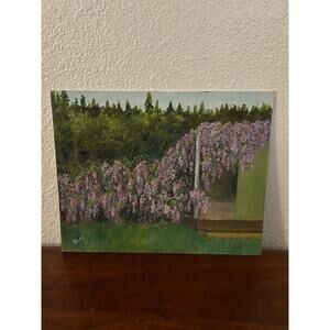 Vintage Original Floral Garden Painting Lilac Trellis Landscape 14x9 Wall Art